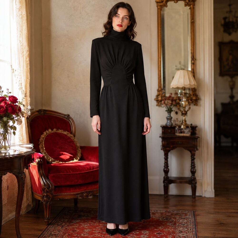 70s Puritan Forever Young Black Turtleneck Column Maxi Dress - M